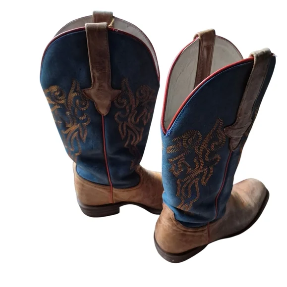 8.5 B J.B. Dillon Blue and Brown Cowboy Boots with Ornate Stitching - Picture 2 of 10